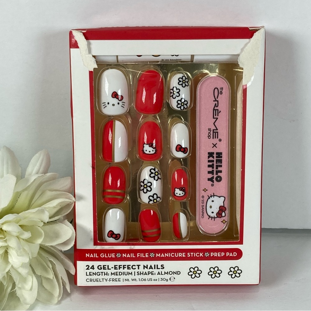 Hello Kitty xCrème Shop 24 Gel Effect Press On Nails Medium Almond Red White NEW - Picture 2 of 4